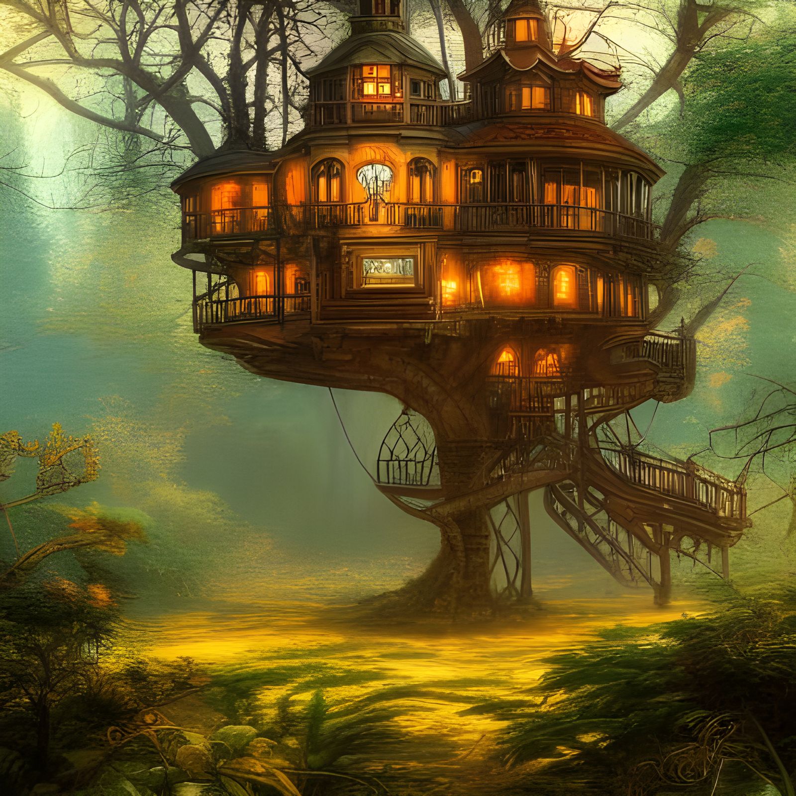 Steampunk Treehouse in Forest, Second Empire Style
