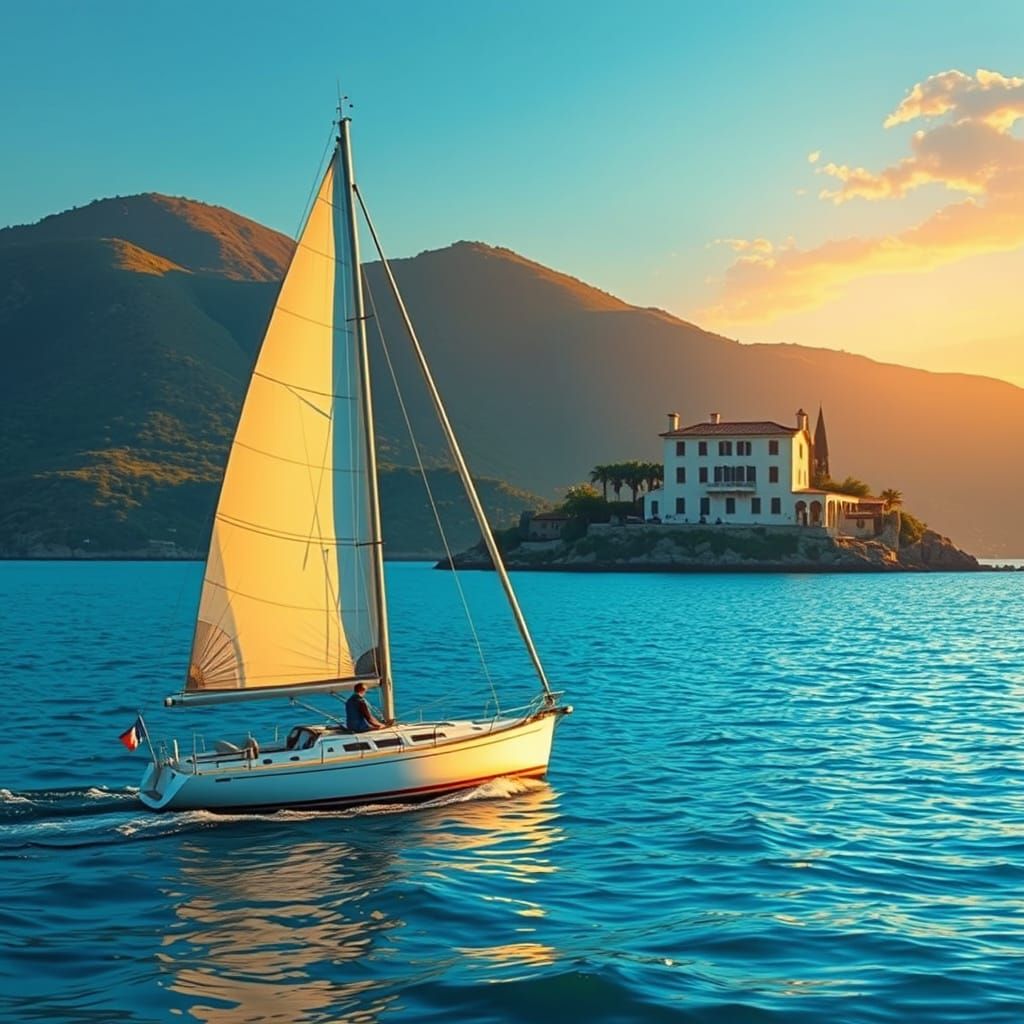 Spanish Villa Overlooking Calm Waters at Sunset