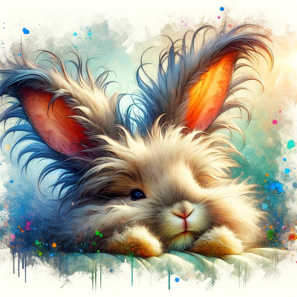 Cute Angora Rabbit Sleeping in Sunlight as Oil Painting