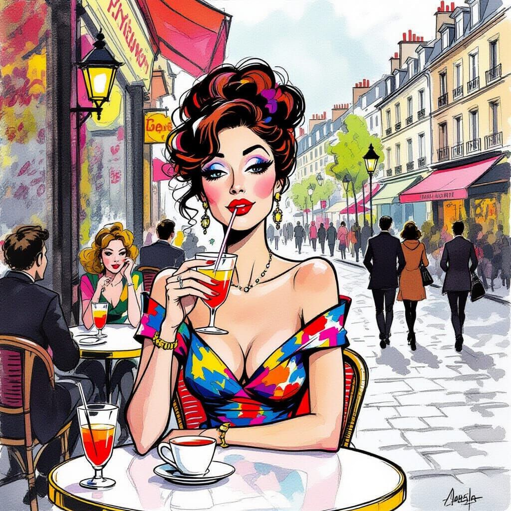 Humorous Cafe Scene in Caricature Style