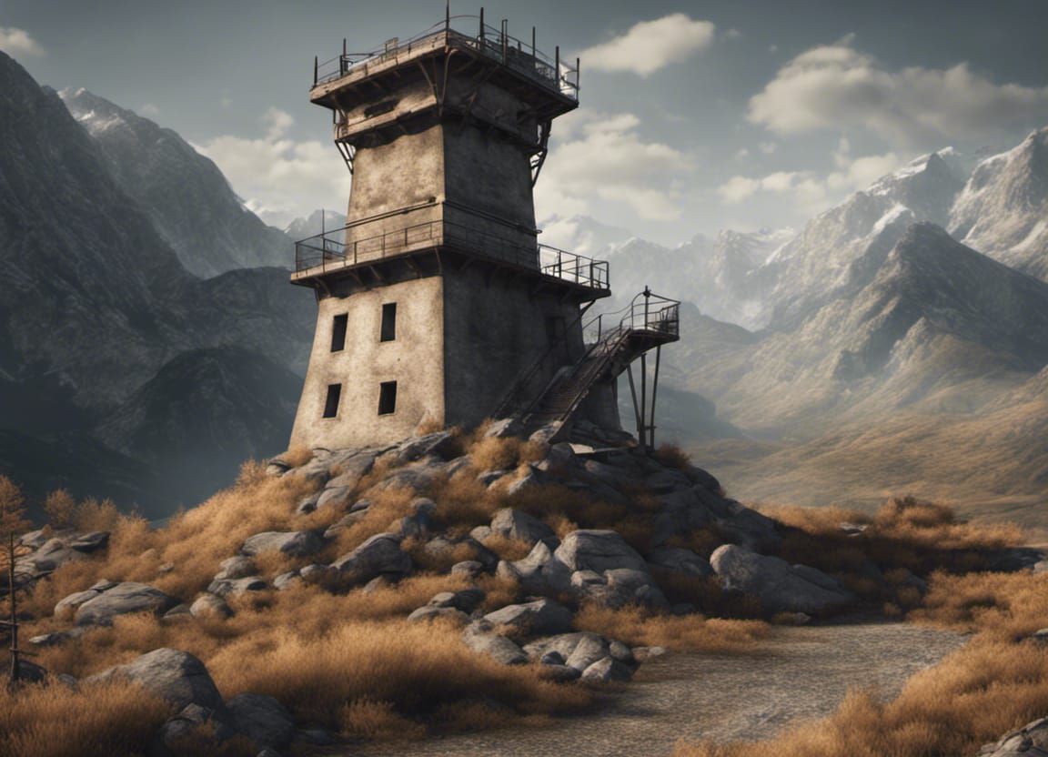 A watch tower and mountains.
