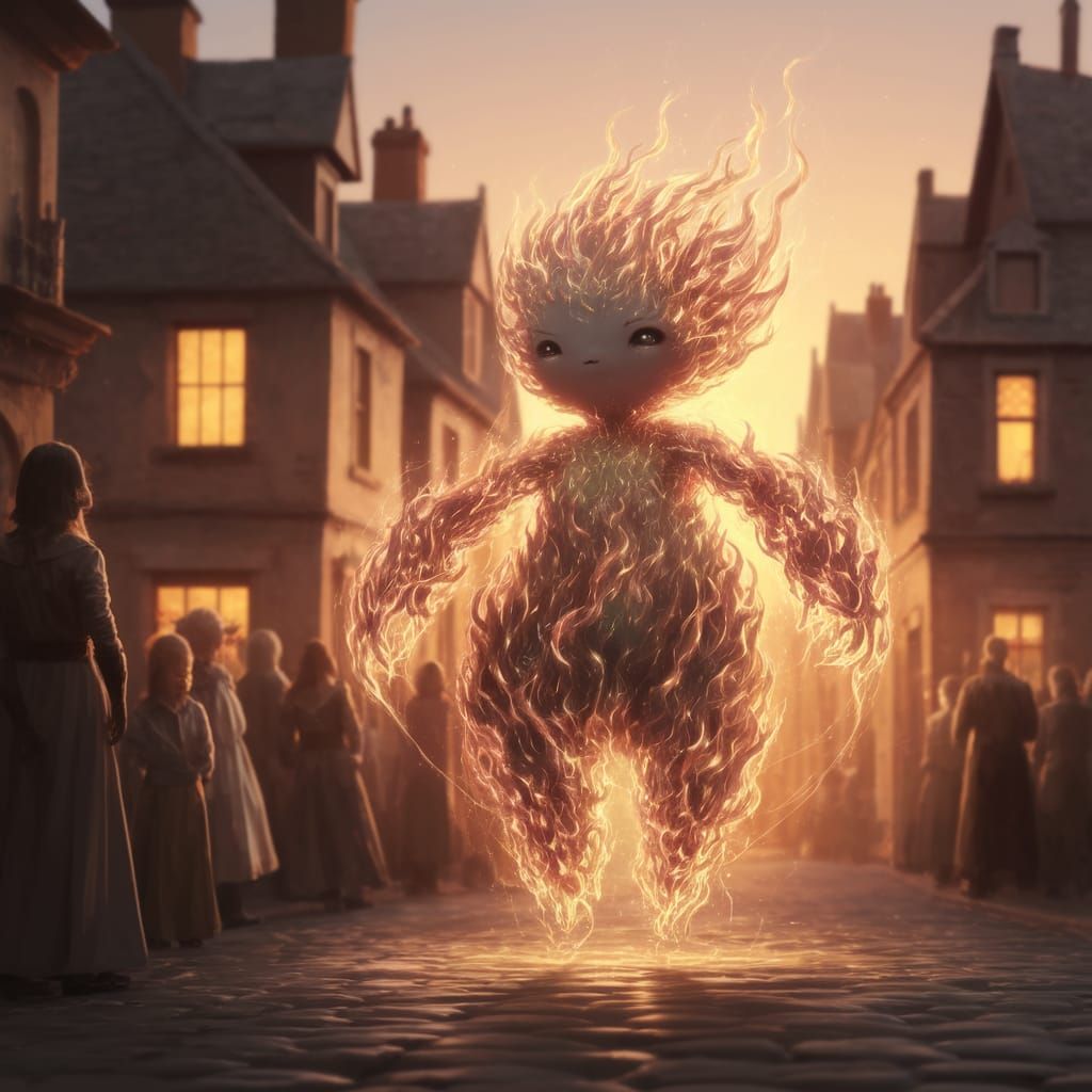 Mystical Flame Creature Descends in Whimsical Town Square