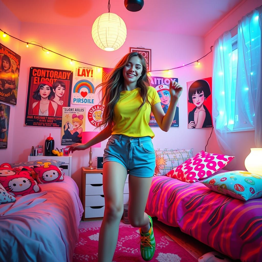 Vibrant Pop Art Girl Dancing in Colorful Bedroom