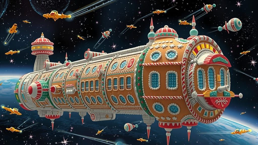 Retrofuturistic Gingerbread Space Station in Comic Book Styl...