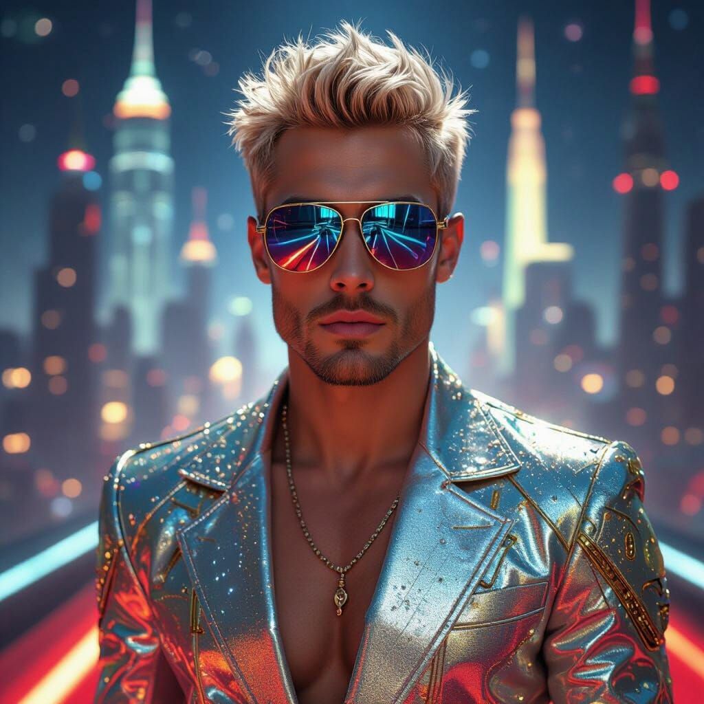 Futuristic Man on Cosmic Runway in Hyperrealistic Style