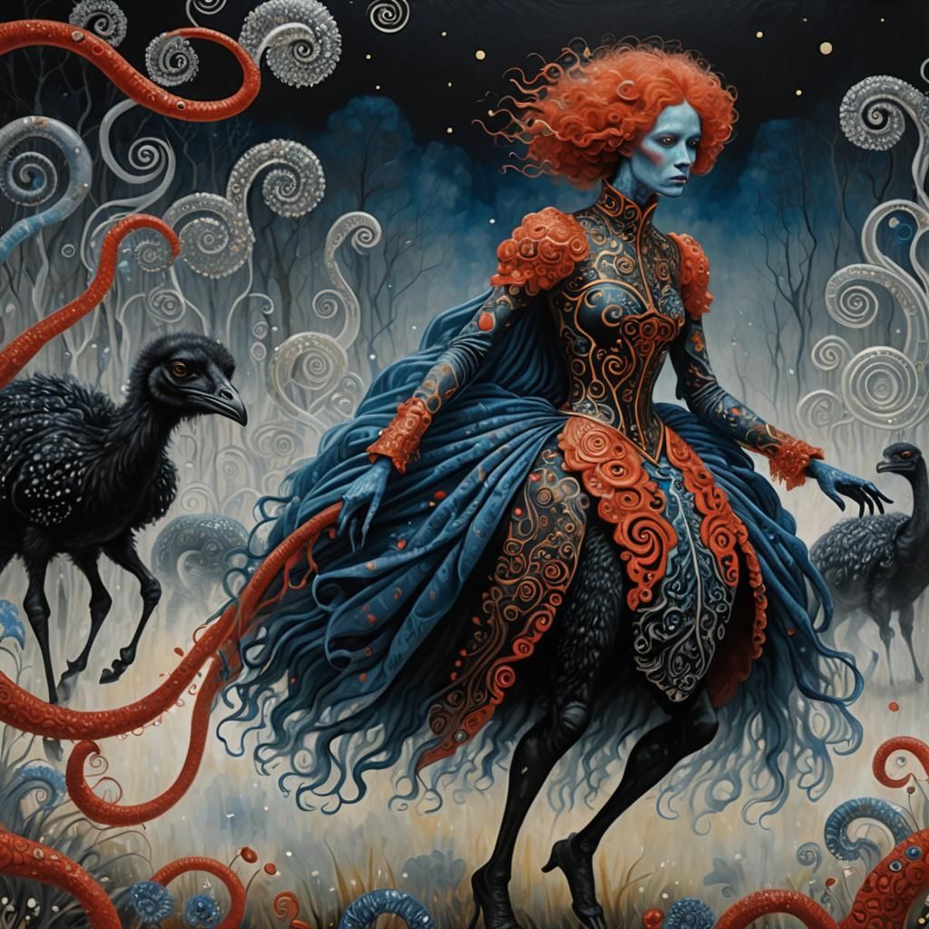 Surreal Figure Rides Tardigrade in Klimt Style