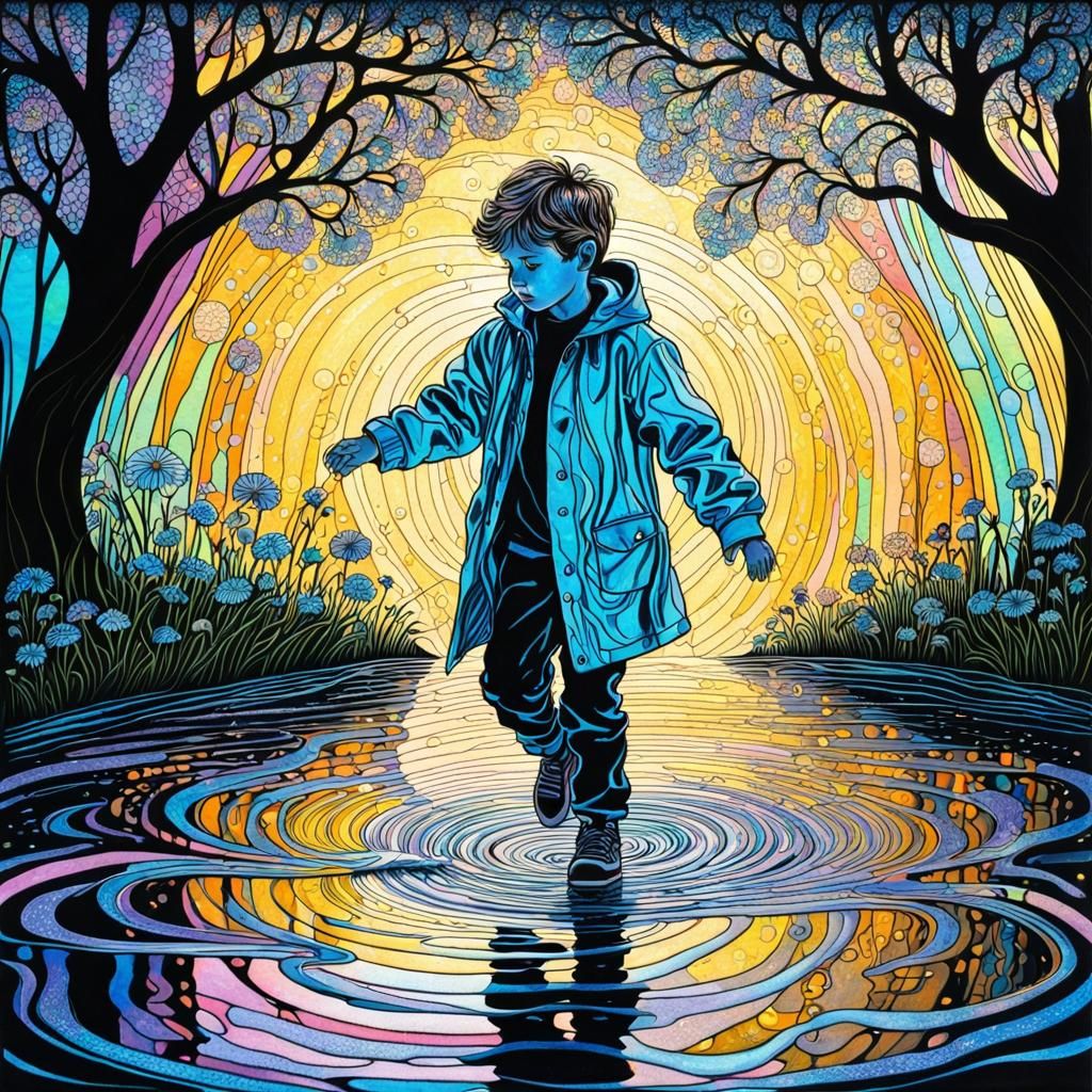 Boy with Blacklight Powers Jumping in Puddle