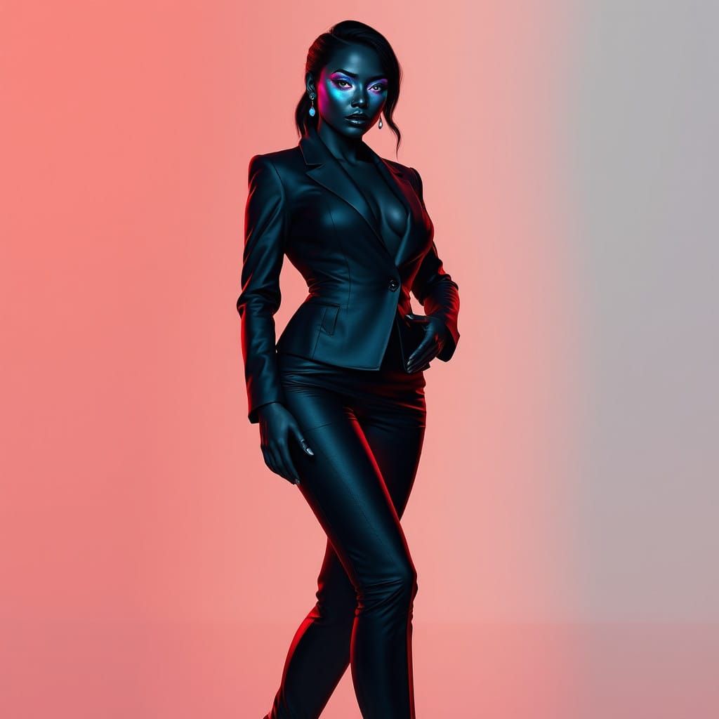 Hyper-Futuristic Businesswoman with Neon-Grey Skin and Shimm...