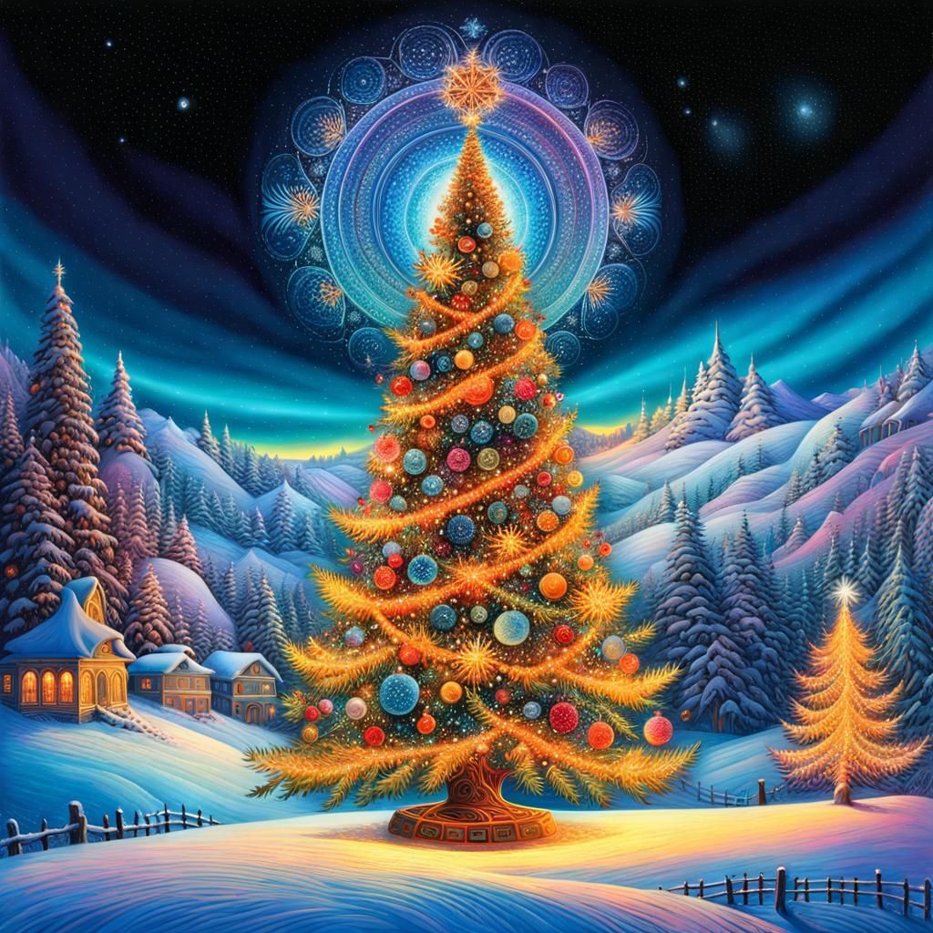 Psychedelic Christmas Tree with Snowy Village, Double Exposu...
