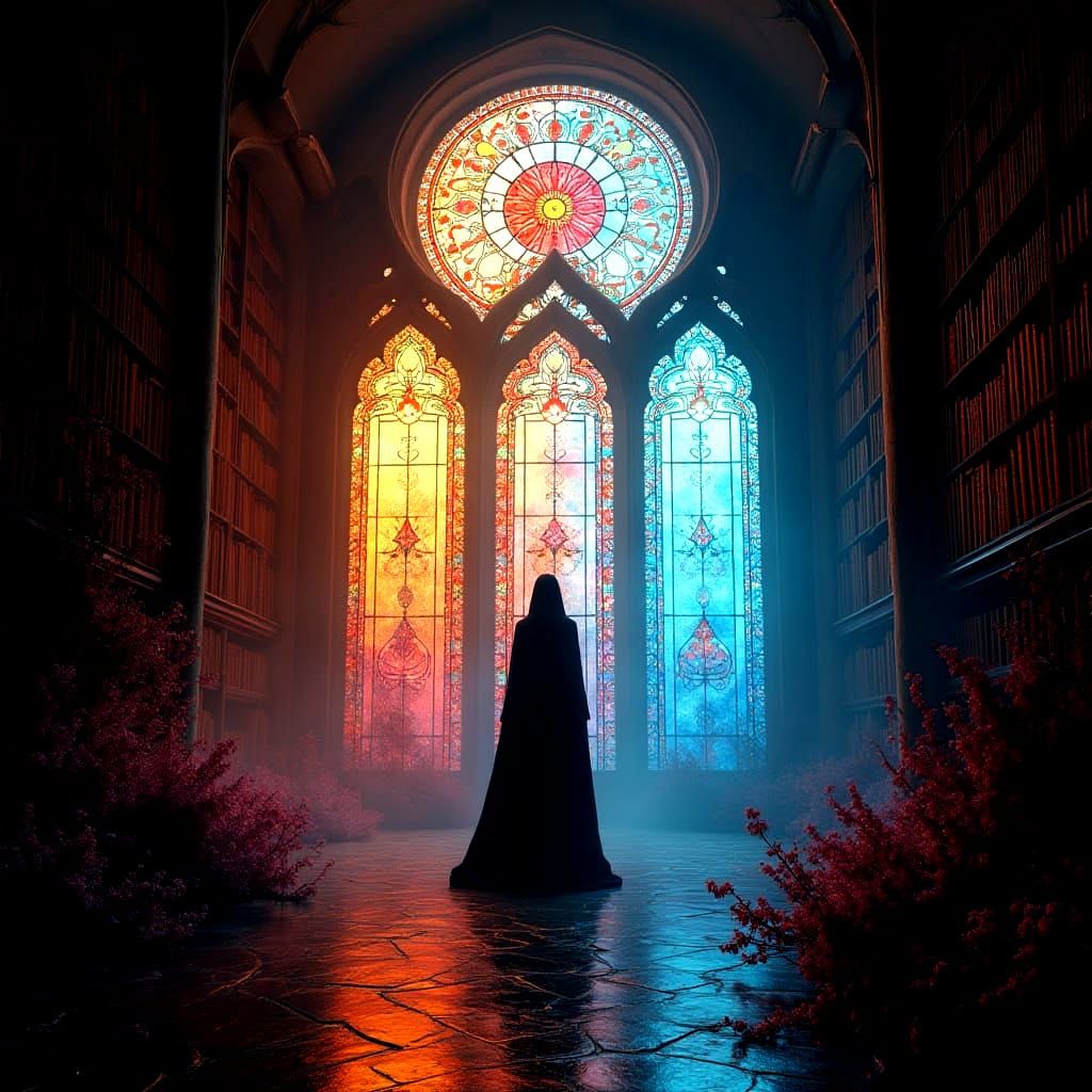 Iridescent Blooms in a Dreamlike Library, as Surrealist Pain...