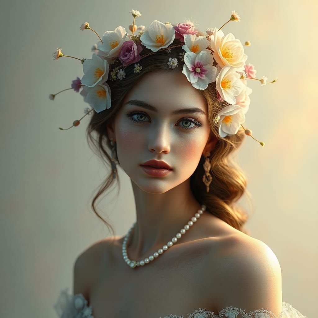 Woman with Transparent Flowers in Art Nouveau Style