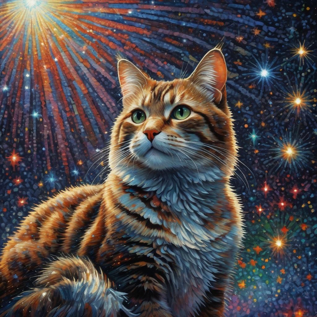 Colorful Cat in Starry Space: Pointillist Portrait