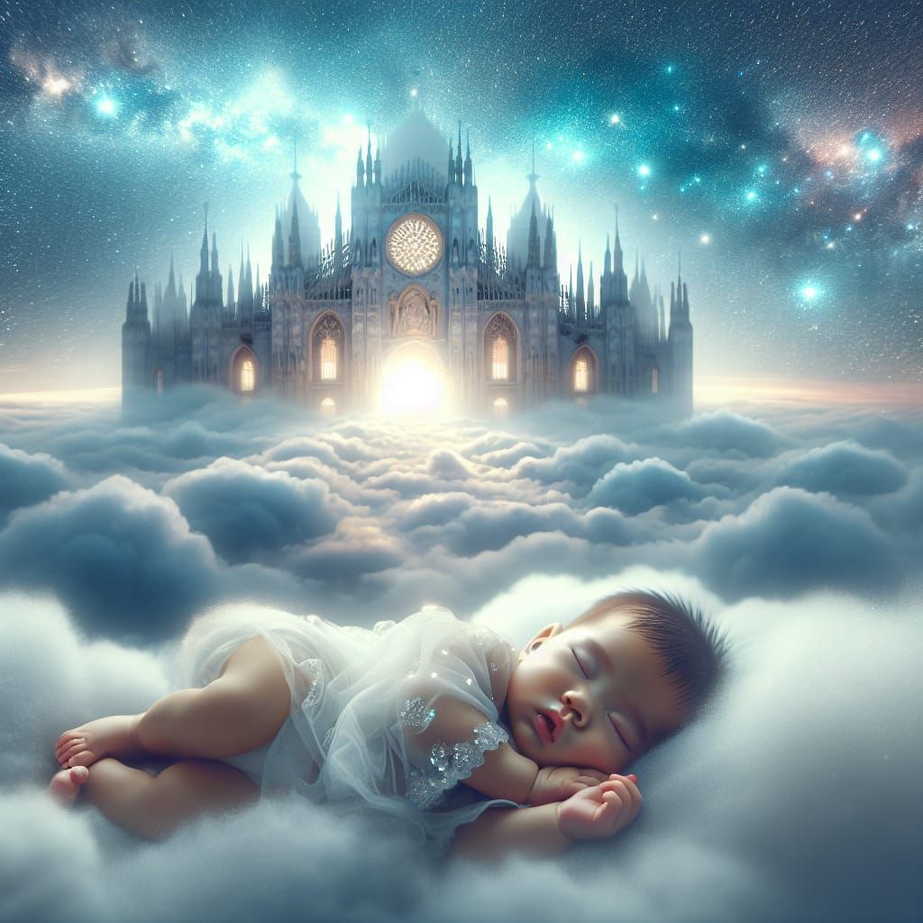 Surreal Dreamscapes of a Sleeping Baby on a Celestial Cloud