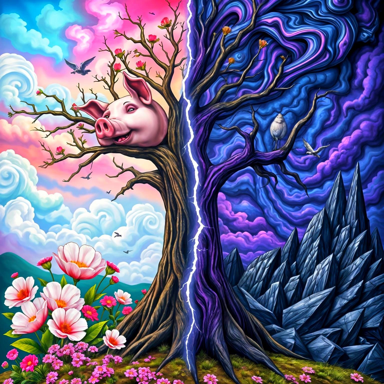 Good vs Evil: Prismatic Pig-Man in Dystopian World