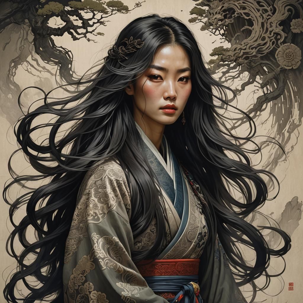 Korean Girl with Flowing Hair, Detailed Digital Art