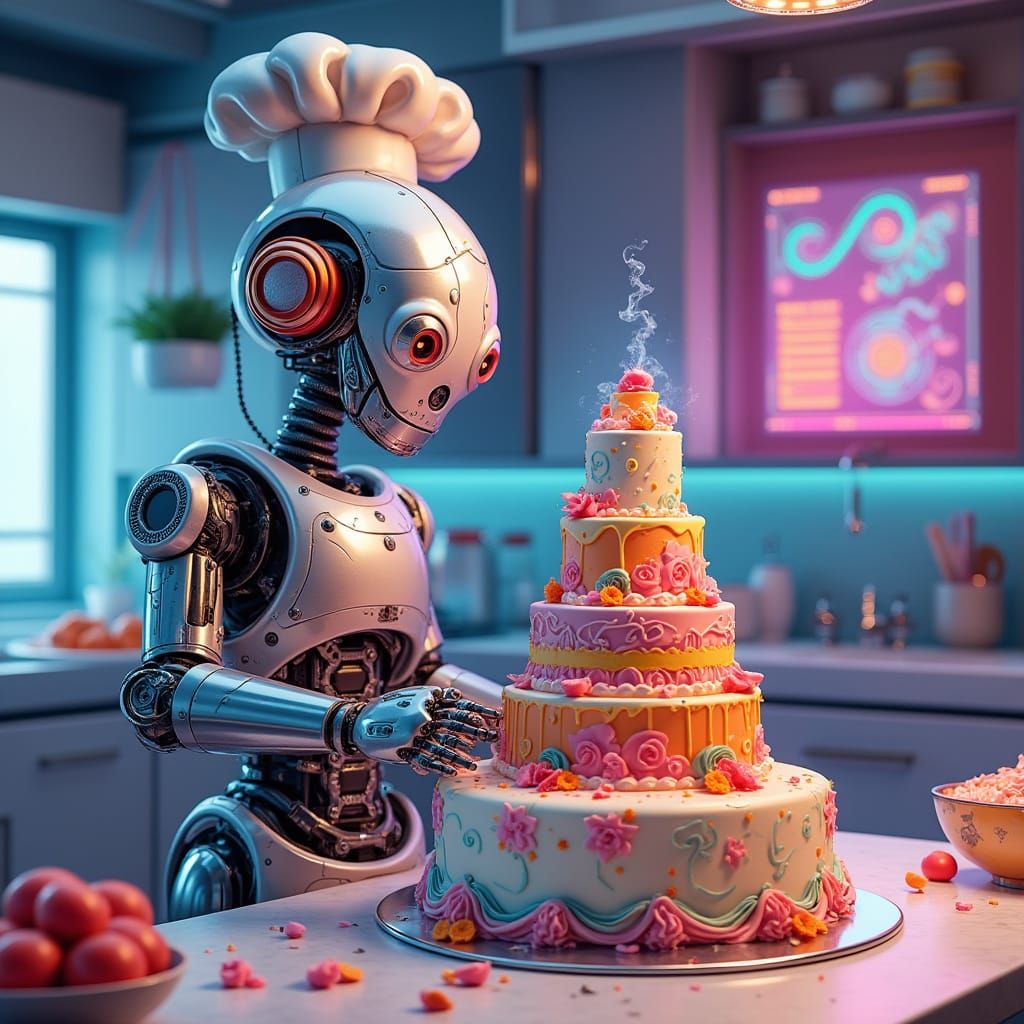 Whimsical Robot Chef in a Vibrant, High-Tech Kitchen