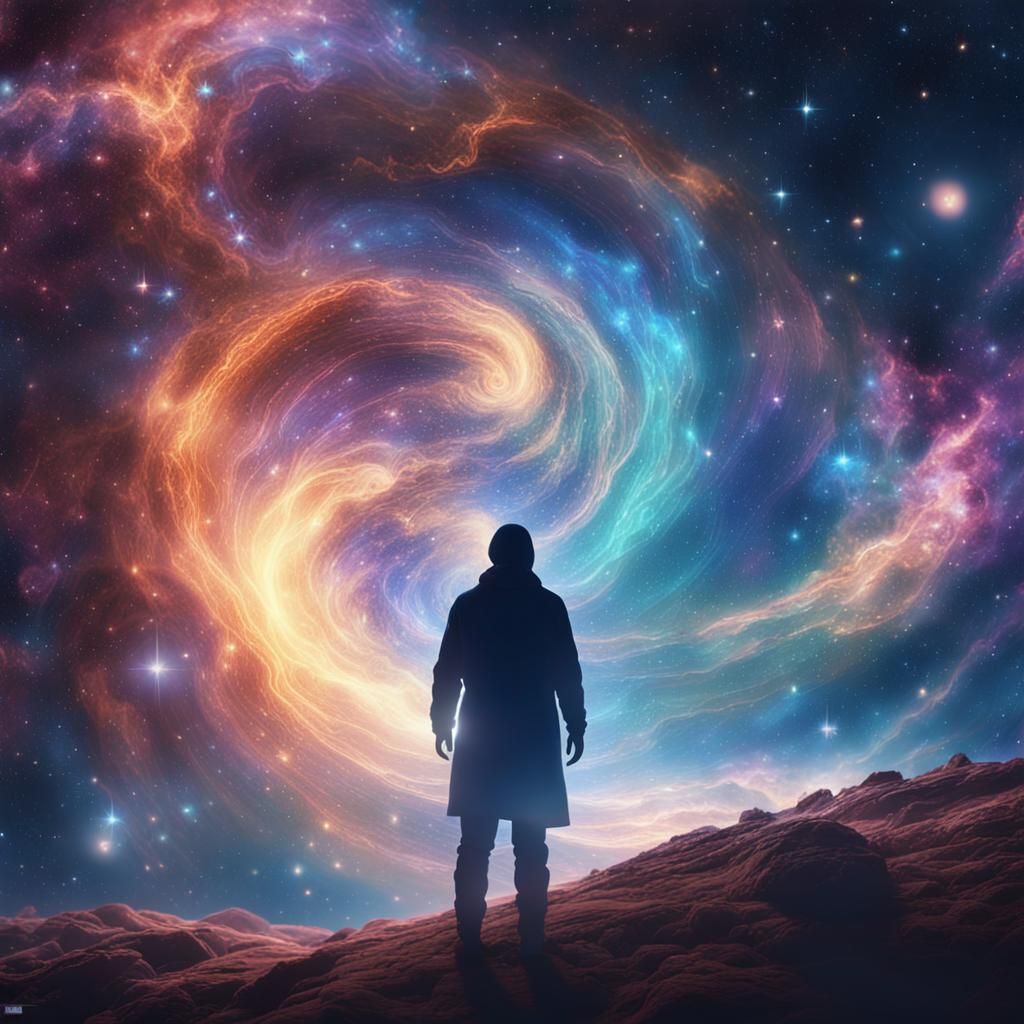 Radiant Cosmic Scene with Drifting Figure