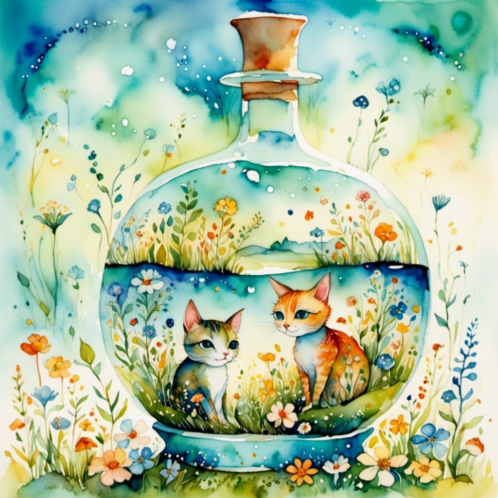 Whimsical Chibi Cat Portrait in Watercolor Style