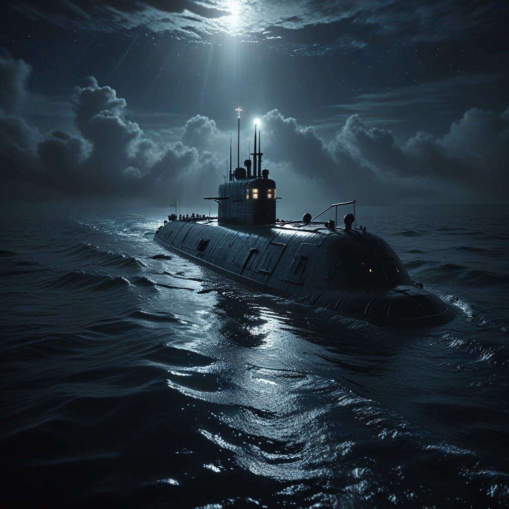 Submarine Cruises Moonlit Sea in Film Noir Style