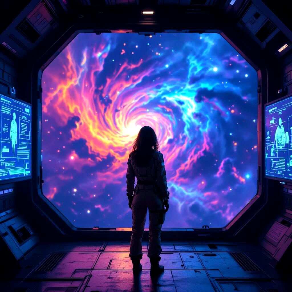Woman Gazes at Nebula from Derelict Starship