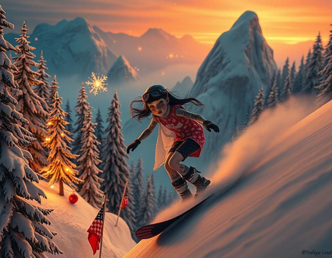 Goth Doll Snowboarding in Whimsical Winter Wonderland