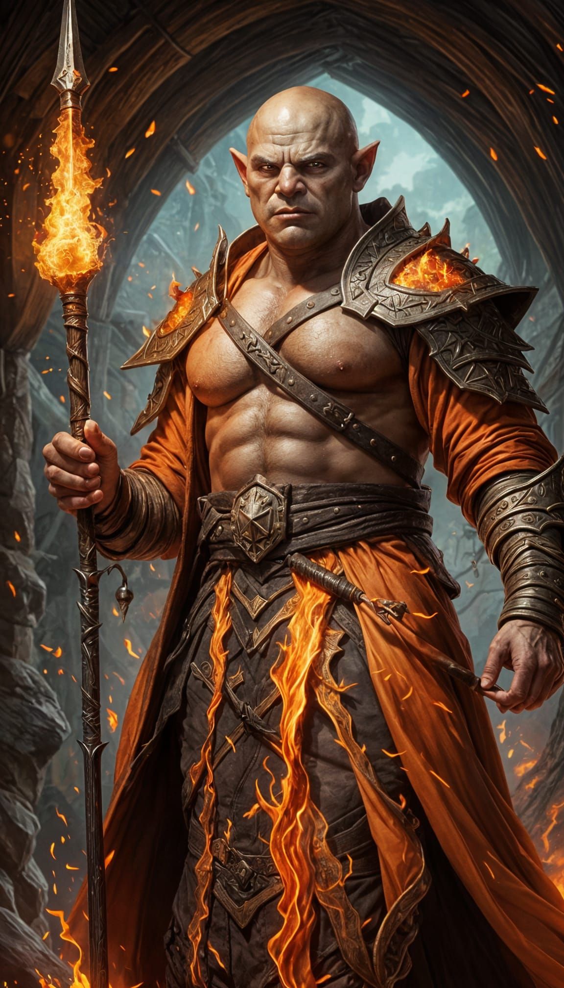 Half-Orc Fire Sorcerer with Longspear Illustration