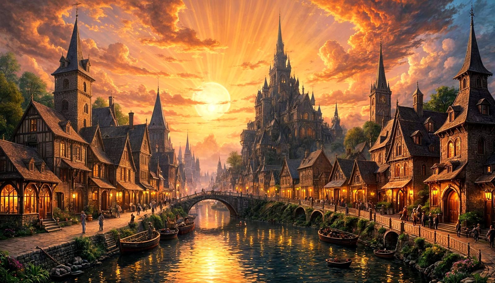 Fantasy Town with Spires at Sunset, Oil Painting