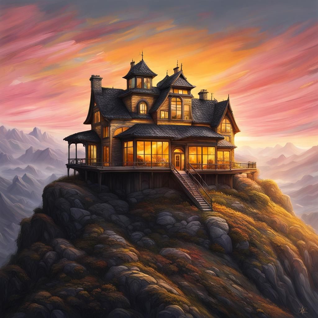 Mountain House Sunset in Detailed Matte Painting