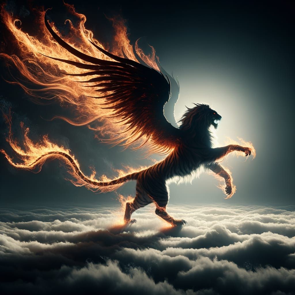 Fiery Winged Tiger Above Clouds in Dark Horror Style