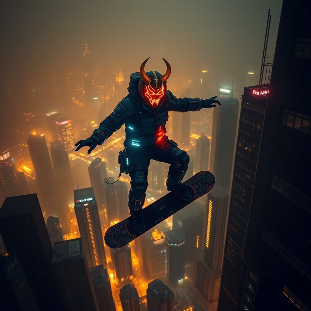 Cyberpunk Skyboarder Over Neon Metropolis