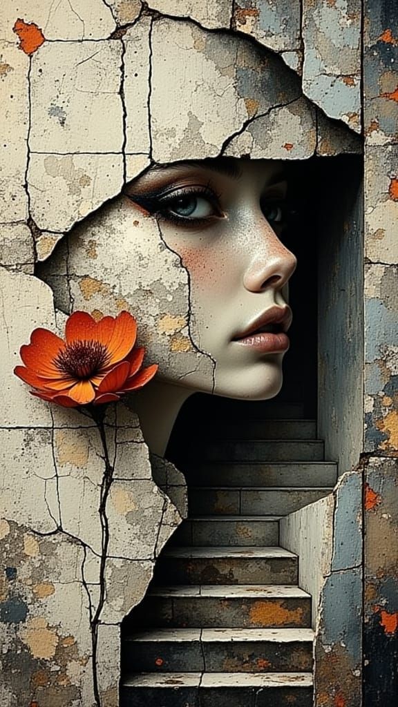 A woman with an enigmatic expression, holds her face over the edge of a worn, ornate staircase, its steps disappearing i...