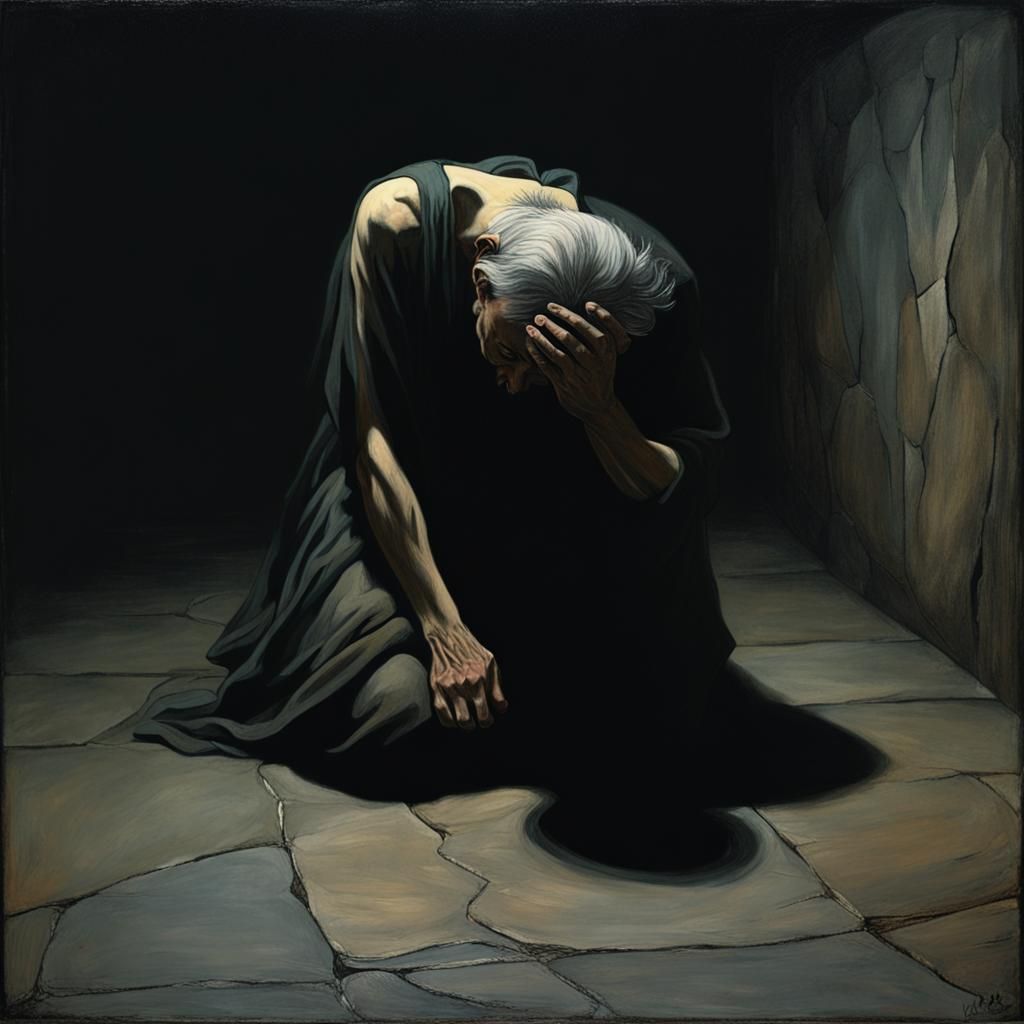 Melancholy Figure Kneeling in Dark Surrealism