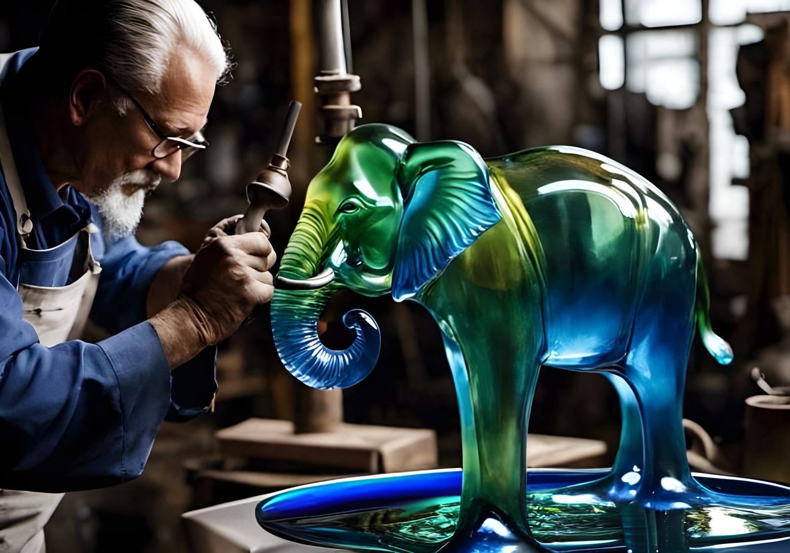 Skilled Glassworker working on a blown-glass elephant