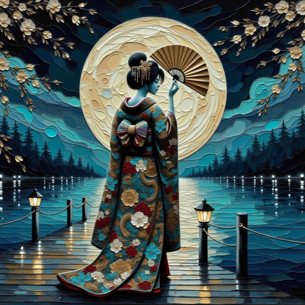 Geisha and Moon Double Exposure in Ethereal Glow