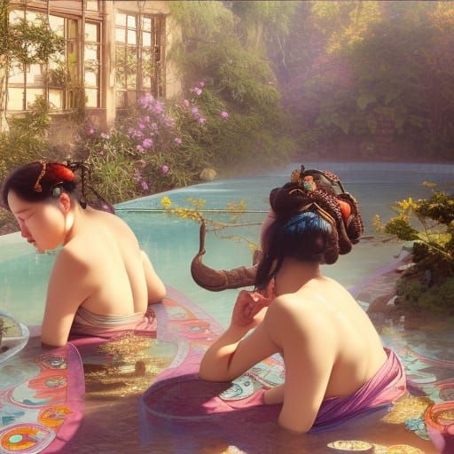 Chinese Emperor's Wives Bathing: Hyperdetailed Concept Art