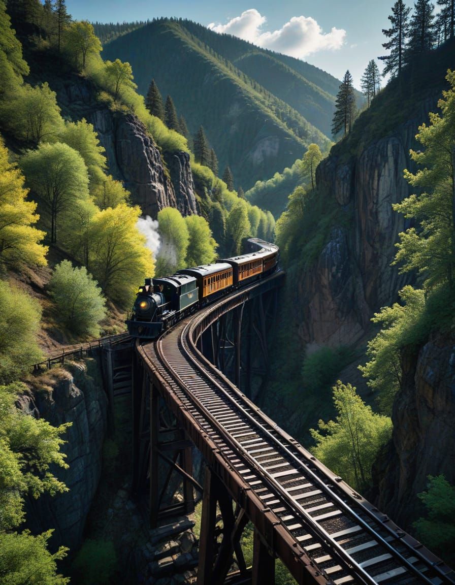 1870s Train on Trestle Bridge in Springtime
