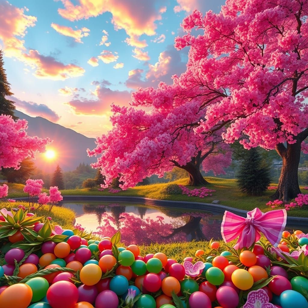 Vibrant Candy Sakura Landscape at Sunset, HDR Rendering