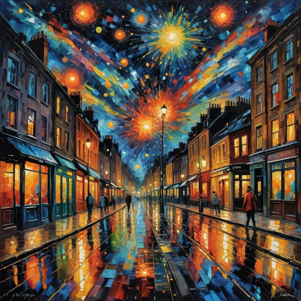 London at Night: Neo-Impressionist Oil Painting of Big Bang