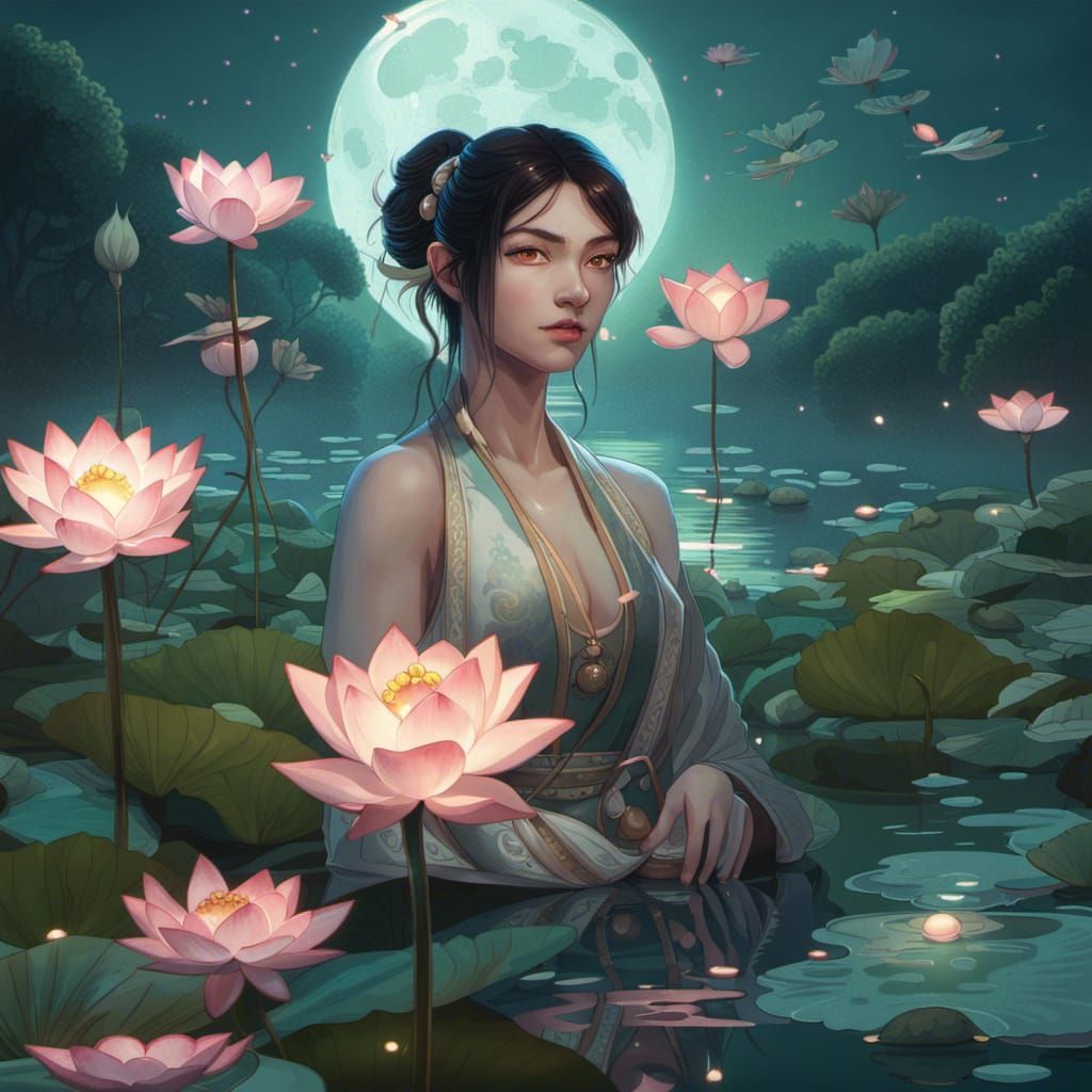 Moonlit Lotus Pond with Fireflies: Digital Art