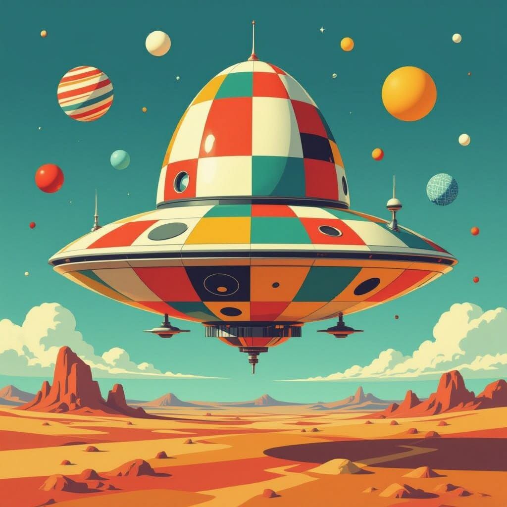 Surreal Egg-Shaped Spaceship Hovers Over Vibrant Alien World