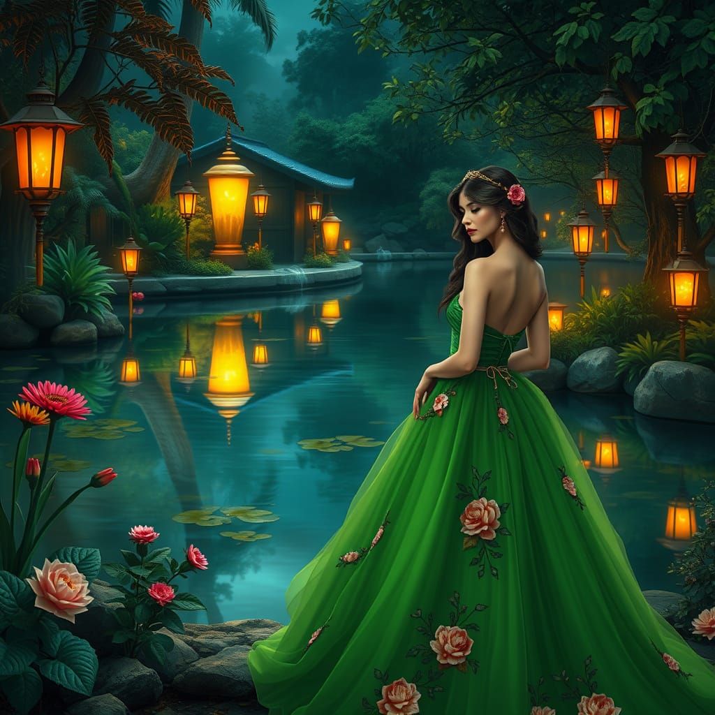 A serene woman in a vibrant green gown adorned with floral d...