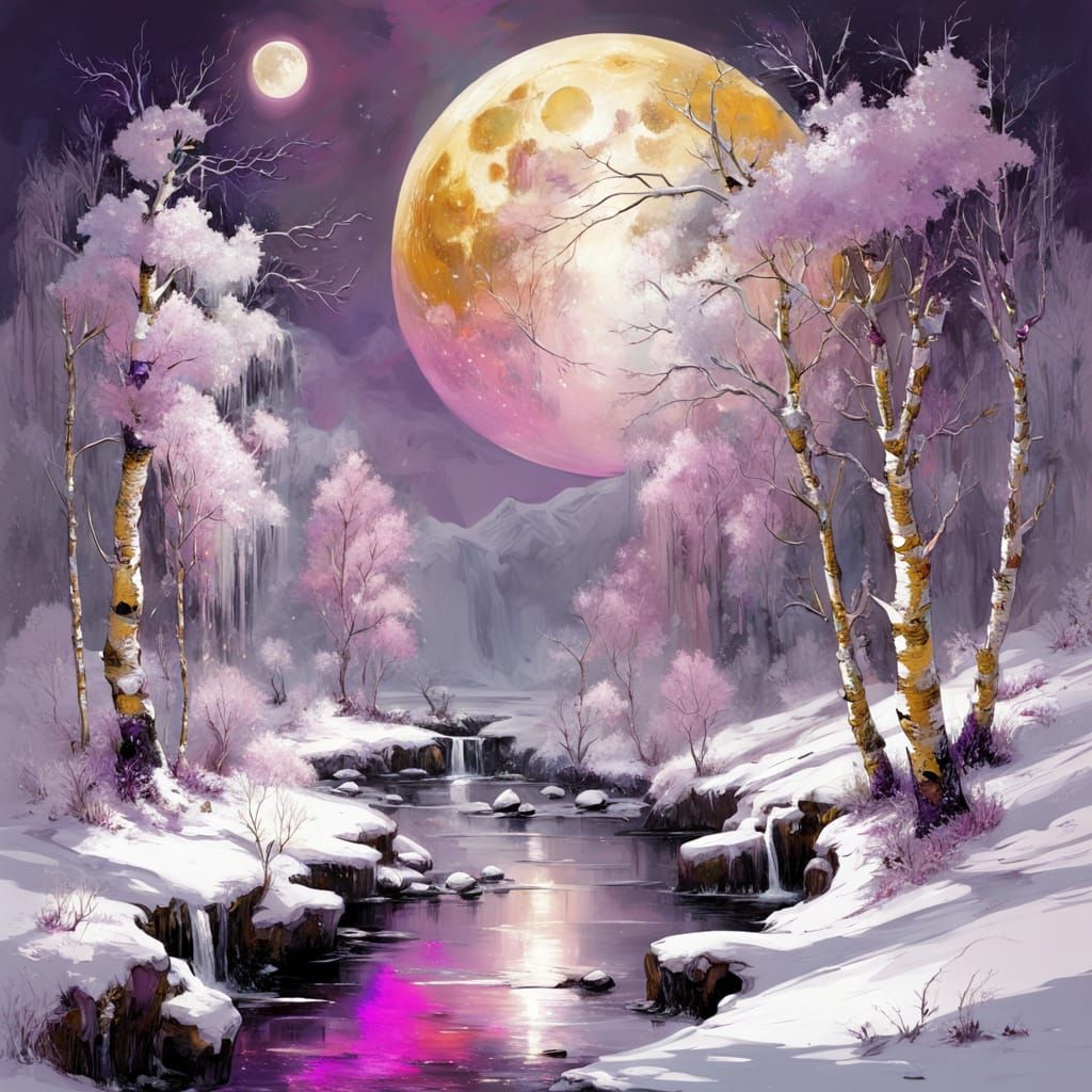 Whimsical Winter Landscape with Moon and Waterfalls