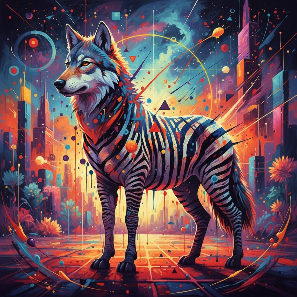 Abstract Zebra-Wolf Hybrid with Bold Colors