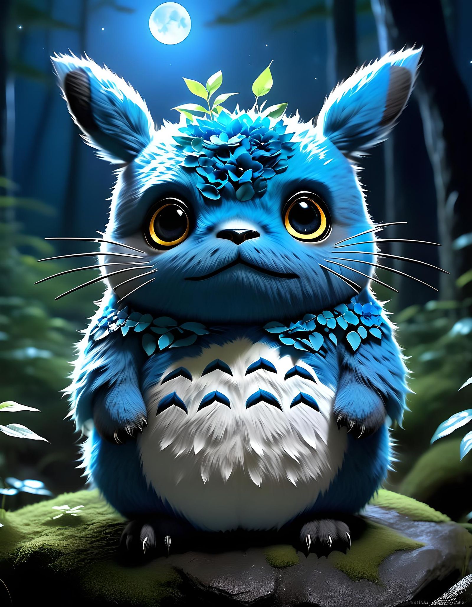Adorable Totoro in Moonlight, Digital Illustration