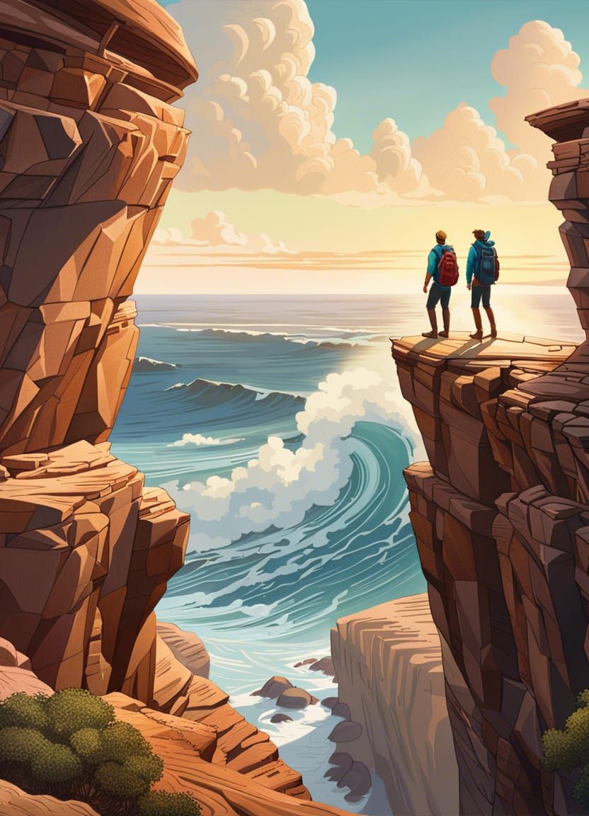 Backpackers Observe Ocean from Sandstone Cliffs