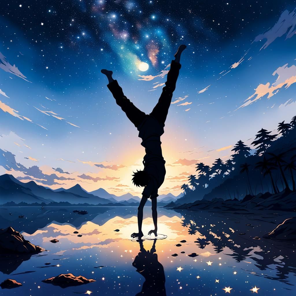 Boy's Silhouette Handstand on Starry Island