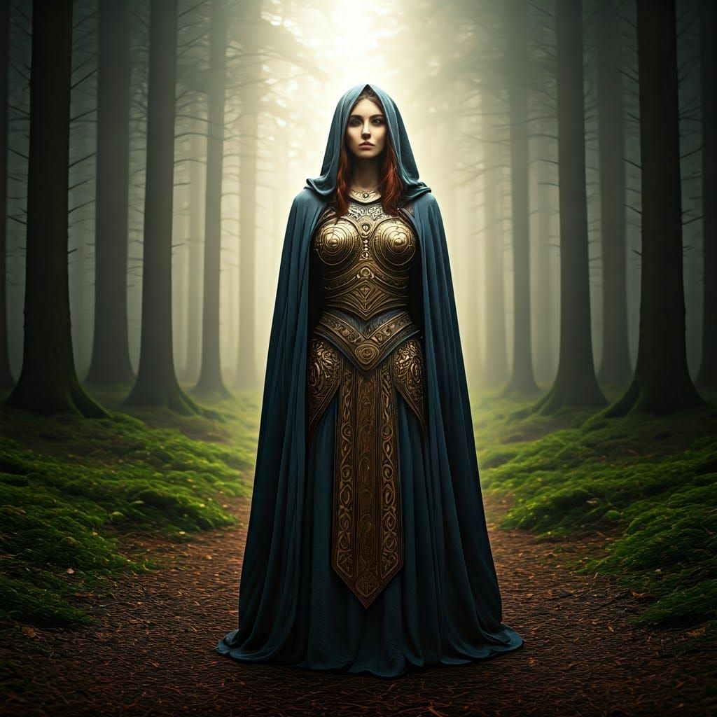 Celtic Warrior-Priestess in a Misty Forest