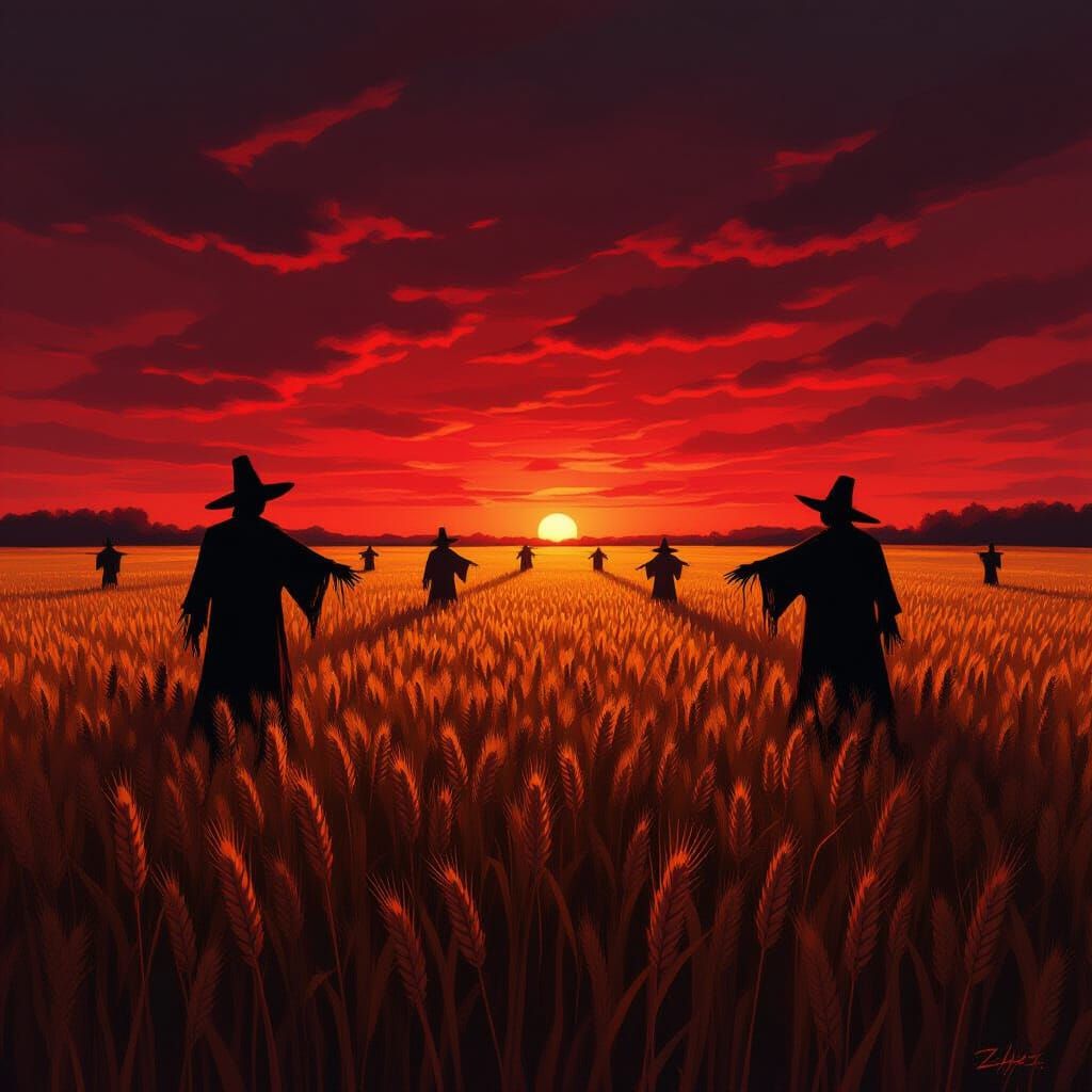 Eerie Wheat Field at Twilight Under Dark Red Sky