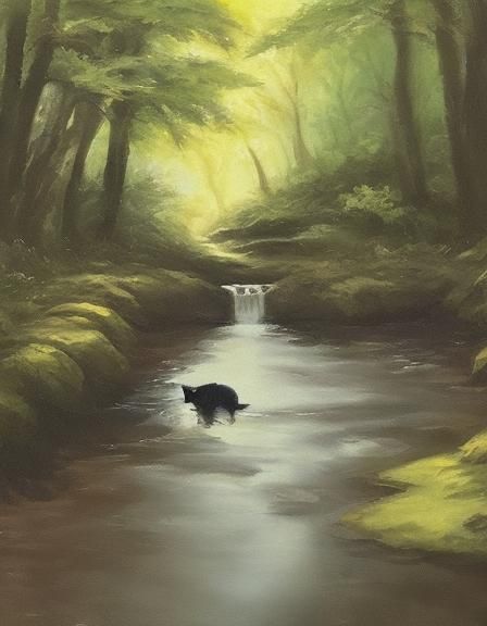 cat by a forest stream