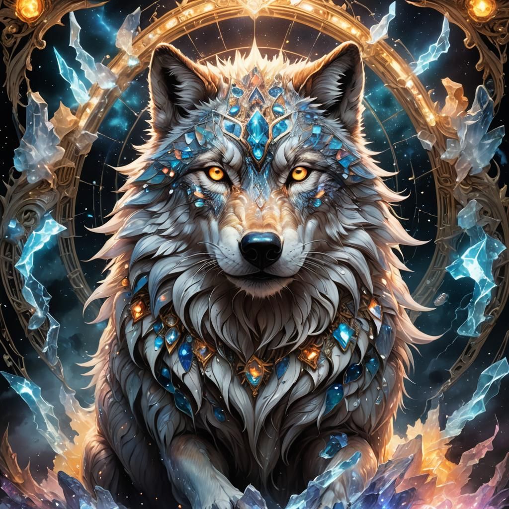 Celestial Crystal Wolf with Lightning, Dreamlike Art